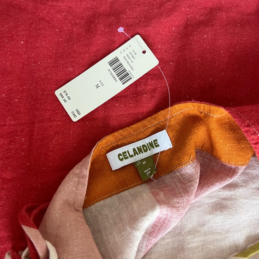Celandine Anthropologie Shift Dress Linen Blend Red Pink Olive Size Medium NWT - Picture 3 of 12